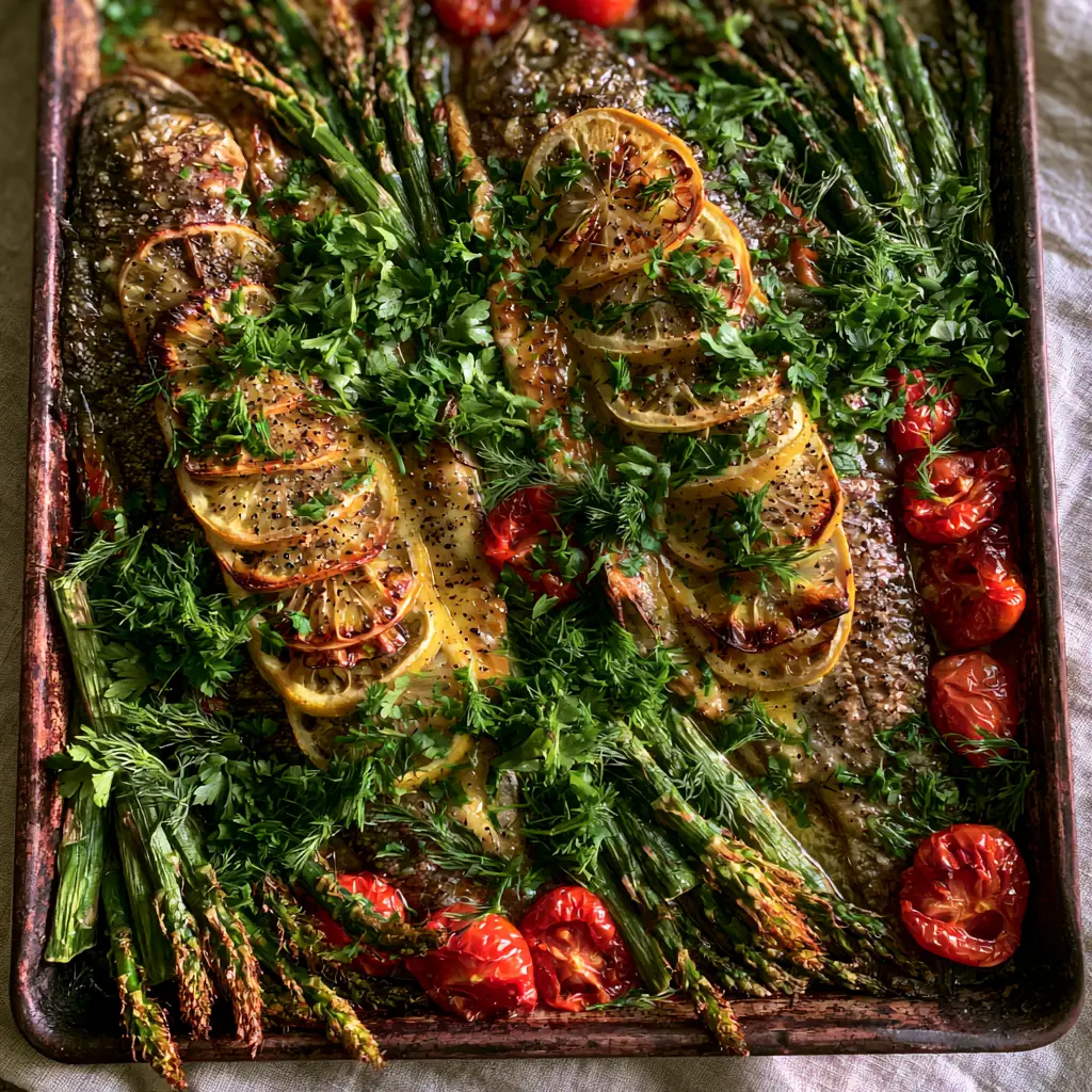 Baked Rainbow Trout with Garlic Herb Butter and Blistered Tomatoes 2 Top-down view of baked rainbow trout fillets on a dark pan with charred lemon slices and fresh herbs.