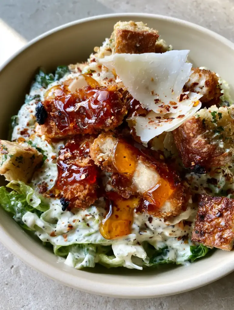 Hot Honey Crispy Chicken Caesar Salad: The Ultimate Sweet and Spicy Crunch 1 Overhead view of a vibrant hot honey crispy chicken caesar salad in a matte bowl on a stone countertop.