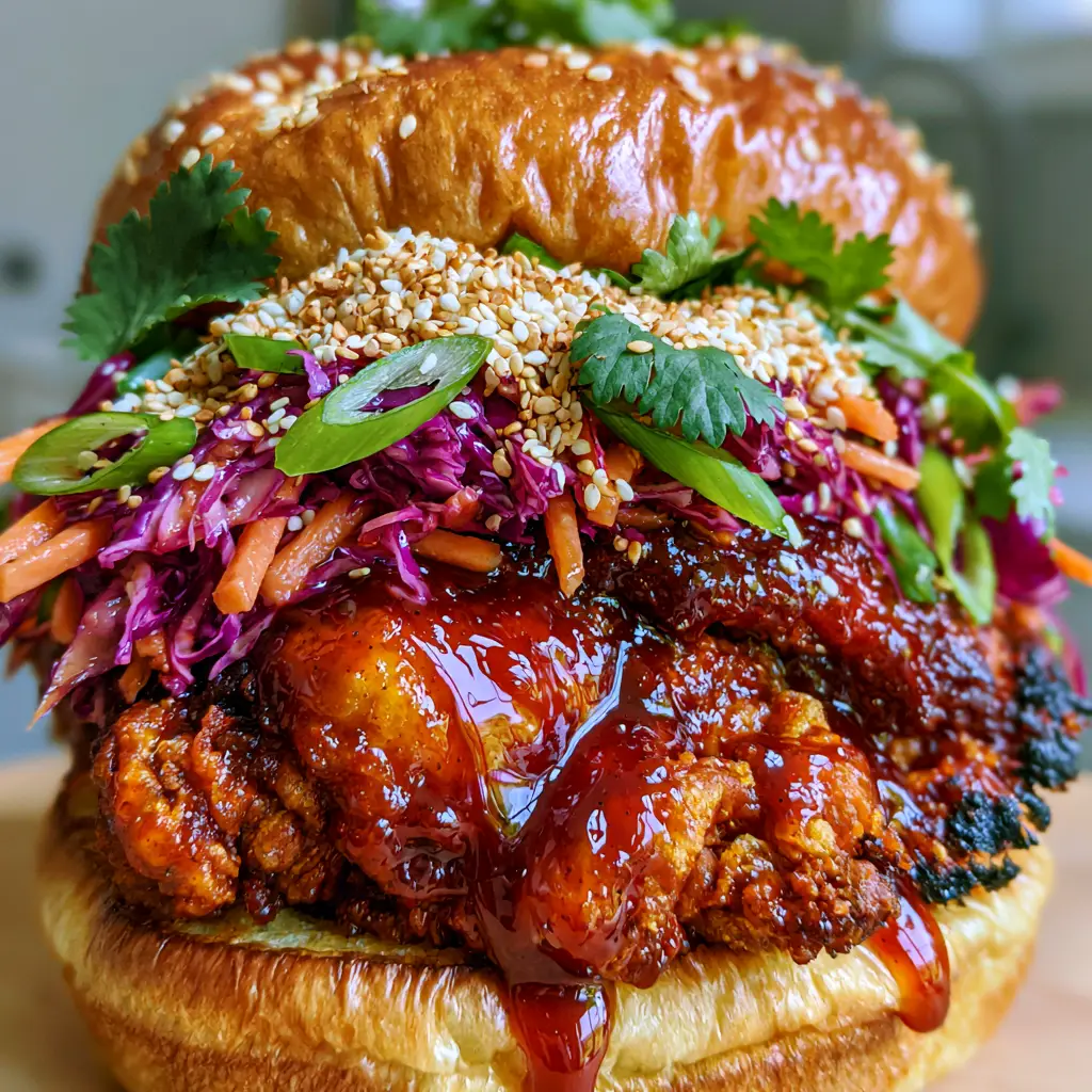 Korean BBQ Chicken Sandwich: The Ultimate Crispy Gochujang Masterpiece 2 Close-up of a crispy Korean BBQ Chicken Sandwich with glossy deep red glaze and sesame seeds. (Korean BBQ Chicken Sandwich)