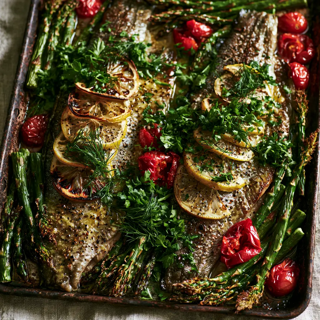 Baked Rainbow Trout with Garlic Herb Butter and Blistered Tomatoes 1 Oven-roasted asparagus spears with crispy tips and bursting red cherry tomatoes alongside baked rainbow trout.