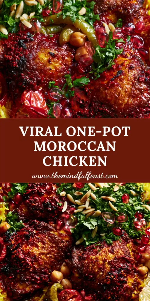 Moroccan Chicken and Rice: A One-Pot Saffron and Harissa Feast 4 A rustic skillet featuring Moroccan Chicken and Rice with crispy harissa-glazed thighs, golden saffron rice, pomegranate seeds, and fresh cilantro.