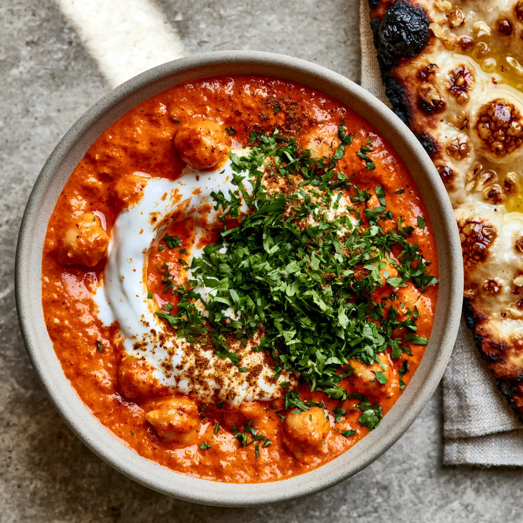 Indian Dinner Recipes: Irresistible "Marry Me" Butter Chickpeas with Charred Garlic Naan 1 Detailed close-up of charred garlic naan with melted ghee next to chickpea curry.
