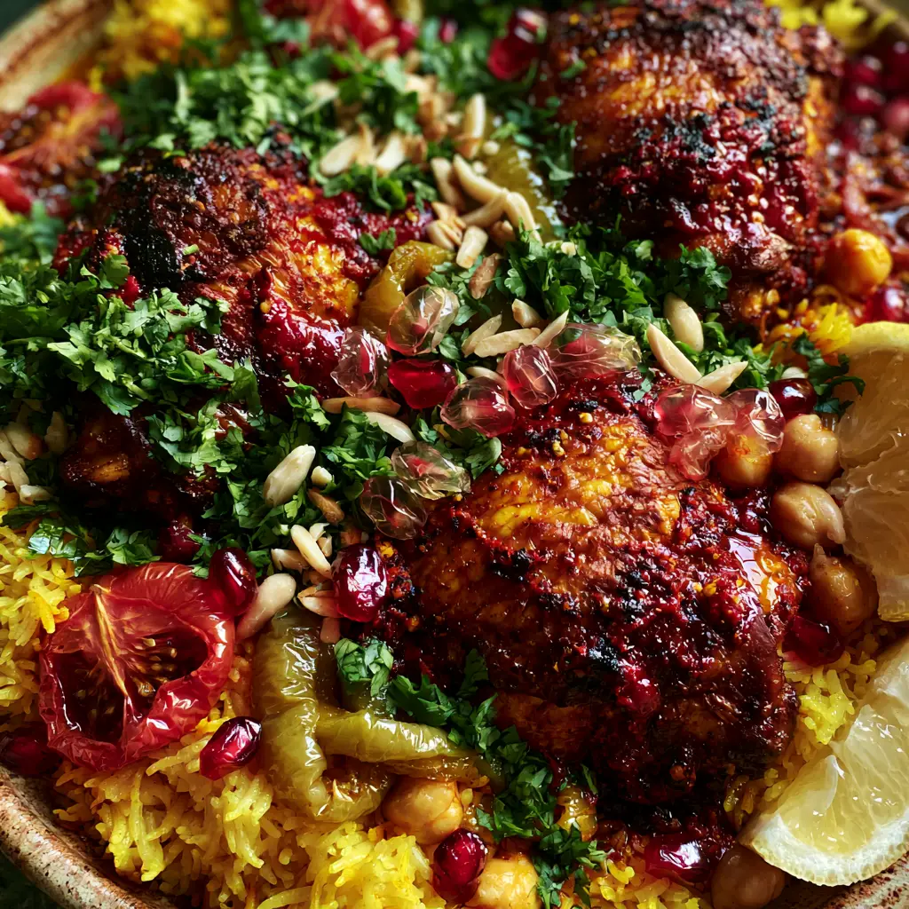 Moroccan Chicken and Rice: A One-Pot Saffron and Harissa Feast 2 Top-down macro shot of Moroccan Chicken and Rice showing bronze seared skin and vibrant golden-yellow saffron rice.