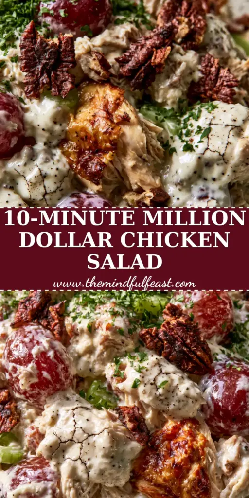 Million Dollar Chicken Salad Recipe with Grapes and Toasted Pecans 3 A high-angle shot of the million dollar chicken salad recipe in a rustic bowl featuring chunky chicken, ruby grapes, and toasted pecans.
