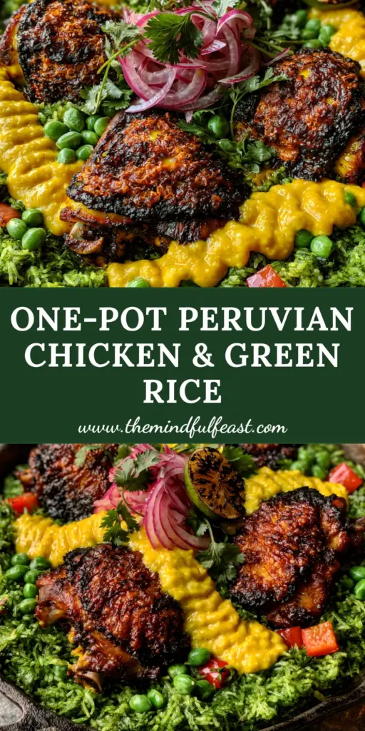 Peruvian Chicken and Rice with Crispy Skin and Emerald Cilantro Rice 4 A rustic cast iron skillet with Peruvian chicken and rice, featuring crispy skin and emerald green rice. (Peruvian chicken and rice)
