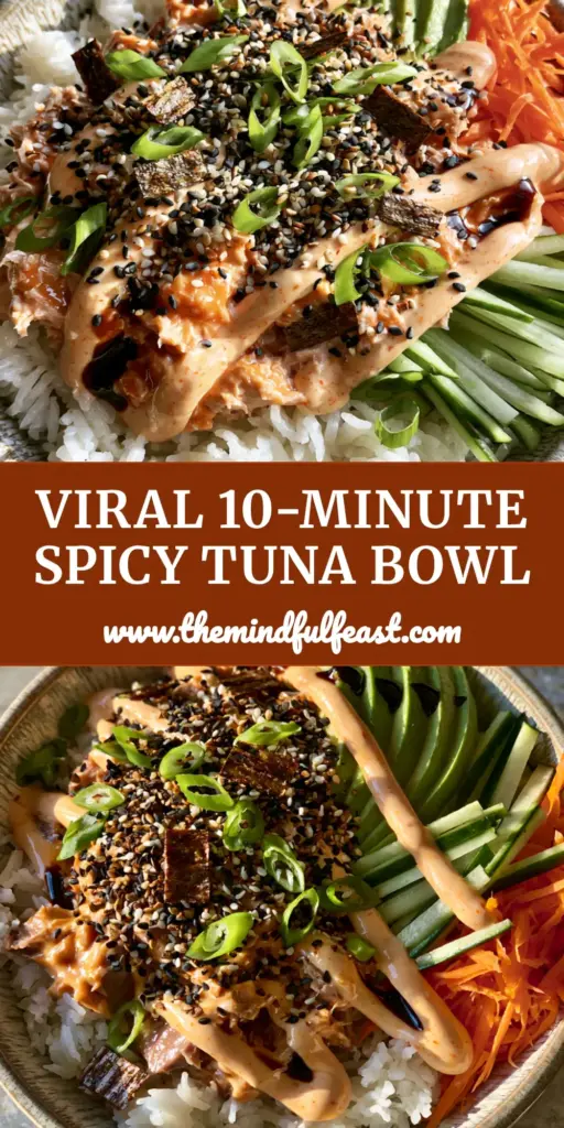 Spicy Tuna Bowl with Fluffy Jasmine Rice and Sriracha Mayo 4 A vibrant Spicy Tuna Bowl with fanned avocado, shredded carrots, and a sriracha mayo zigzag on a light stone background. (spicy tuna bowl)