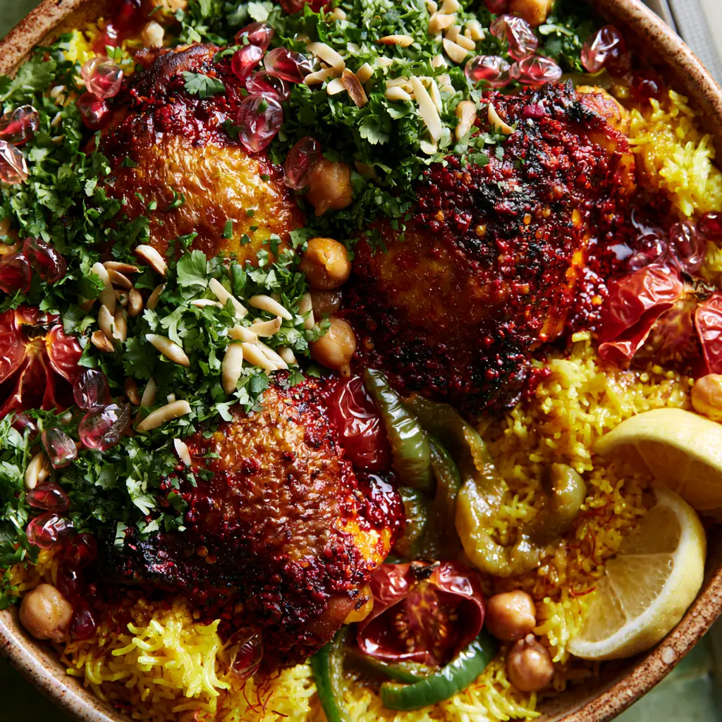 Moroccan Chicken and Rice: A One-Pot Saffron and Harissa Feast 1 Macro view of blistered cherry tomatoes and green pepper strips nestled in saffron-stained basmati rice.