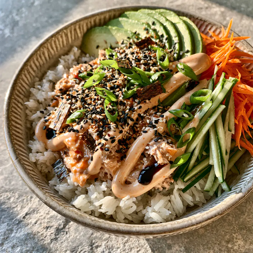 Spicy Tuna Bowl with Fluffy Jasmine Rice and Sriracha Mayo 1 A 45-degree angle shot of a spicy tuna bowl in a textured ceramic bowl featuring nori strips and sesame seed garnish. (spicy tuna bowl)