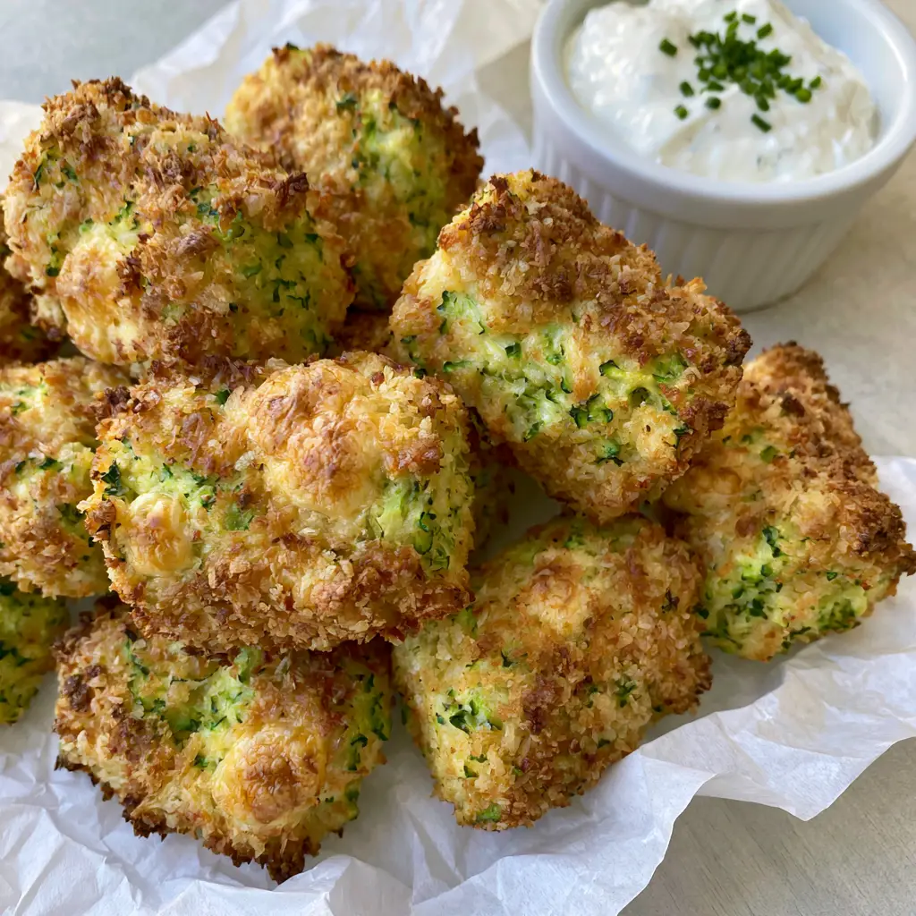 Zucchini Tots with a Crispy Parmesan Panko Crust 1 A pile of golden-brown baked zucchini tots showing melted cheese bubbles and a side of ranch with chives.