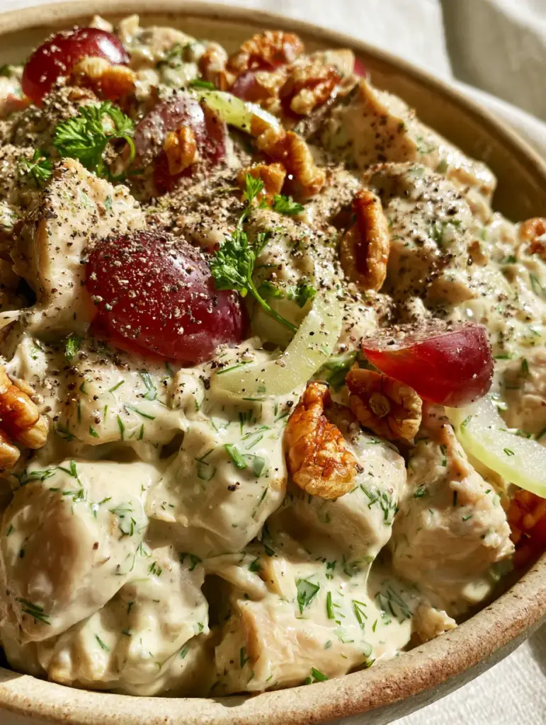 Savory Chicken Salad with Grapes and Toasted Pecans 1 Close up of savory chicken salad emphasizing the toasted golden pecan halves and cracked black pepper.