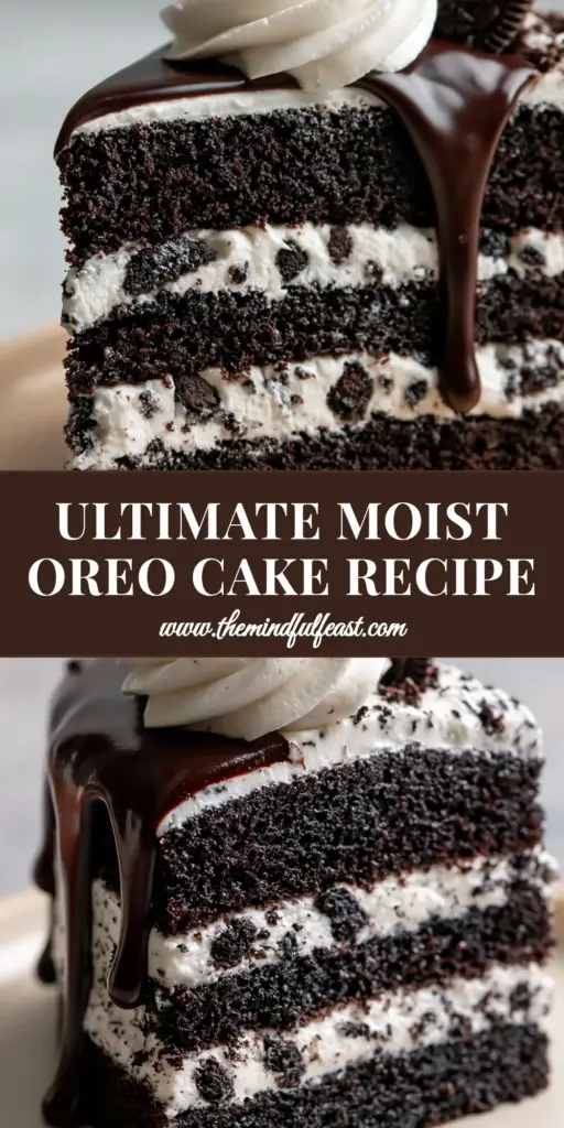 A thick slice of chocolate Oreo cake with three dark layers and white frosting on a ceramic plate.