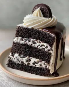 Close up shot of chocolate Oreo cake showing the moist black cocoa sponge and thick buttercream layers.