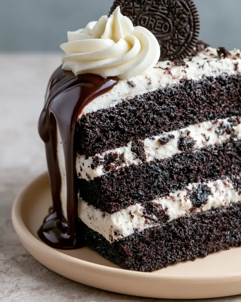Side view of the chocolate Oreo cake with a thick glossy dark chocolate ganache drip cascading down.