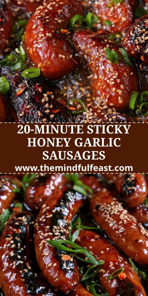 Honey Garlic Sausages in a Sticky Cast Iron Glaze 4 A close-up of Honey garlic sausages in a cast iron skillet with a sticky amber glaze, sesame seeds, and green onions.