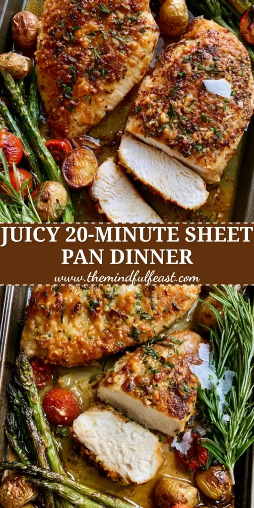 Herb-Crusted Chicken with Roasted Garlic Butter Vegetables 3 A rustic sheet pan featuring golden-brown herb-crusted chicken sliced to show juicy white meat, surrounded by blistered tomatoes, charred asparagus, and crispy baby potatoes.