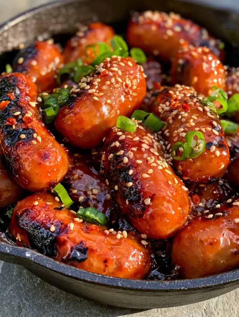 Honey Garlic Sausages in a Sticky Cast Iron Glaze 2 Plump Honey garlic sausages with deep char marks and a bubbling translucent glaze in a skillet.