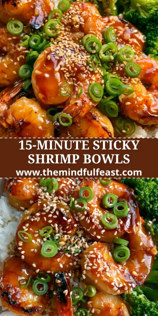 A vibrant dinner bowl featuring charred jumbo shrimp in an amber glaze over white jasmine rice with emerald broccoli, scallions, and a lime wedge. (Honey garlic shrimp bowls)