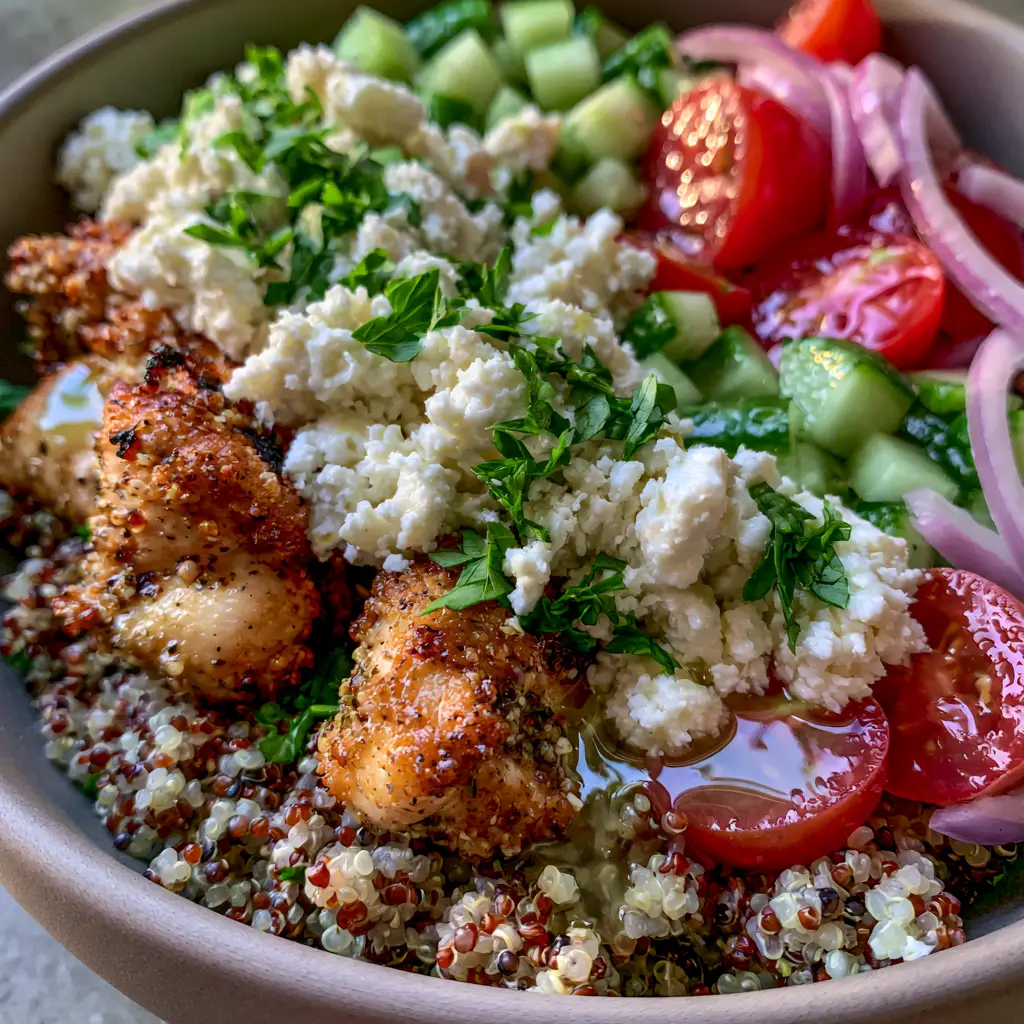 Chicken and Quinoa Salad with Mediterranean Lemon-Herb Chicken and Feta 1 Close up of vibrant cherry tomatoes, cucumbers, and crumbled feta in a chicken and quinoa bowl.