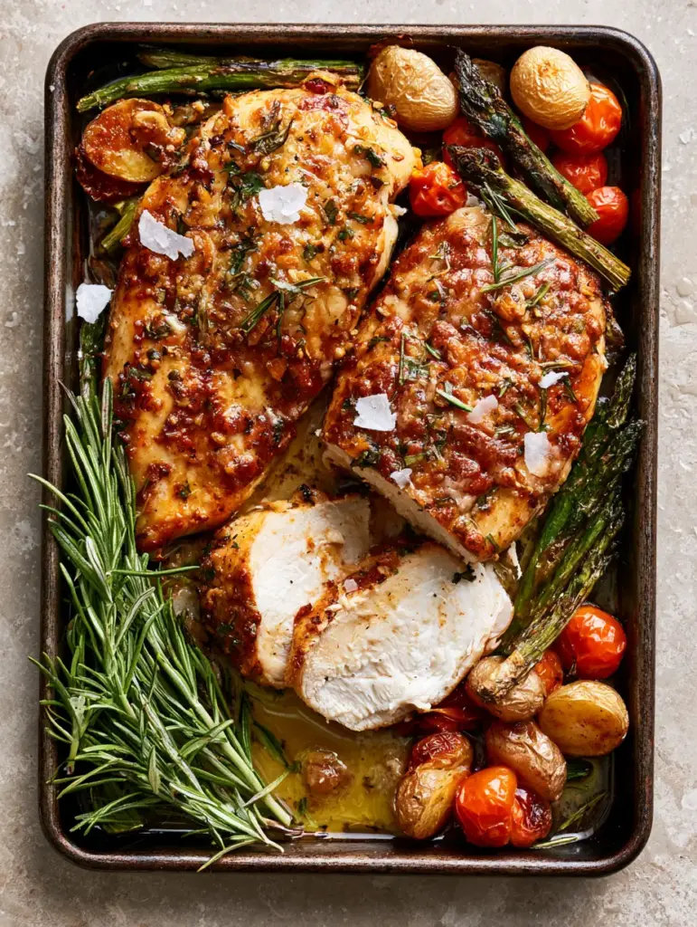 Herb-Crusted Chicken with Roasted Garlic Butter Vegetables 2 Top-down view of herb-crusted chicken breasts with a bubbling parmesan garlic crust on a dark metal pan with roasted vegetables.
