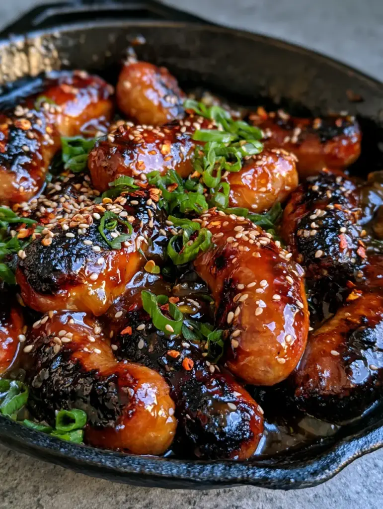 Honey Garlic Sausages in a Sticky Cast Iron Glaze 1 A 45-degree close-up showing the texture of the thick amber glaze on Honey garlic sausages.
