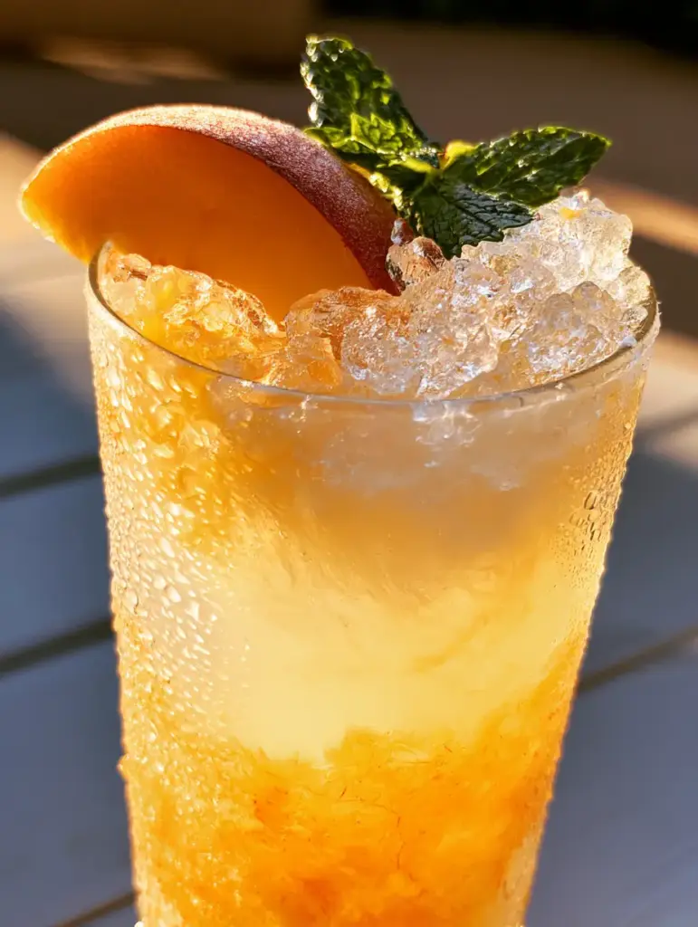 Handheld smartphone photo of Peach Lemonade showing heavy condensation droplets on a tall glass filled with orange peach puree and crushed ice.