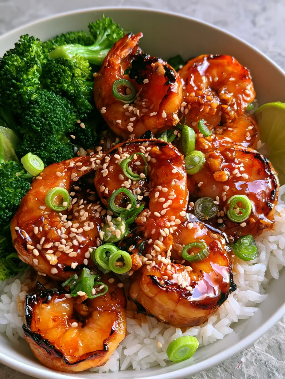 Top-down view of honey garlic shrimp bowls showing the thick translucent glaze and tiny bits of sautéed garlic. (Honey garlic shrimp bowls)