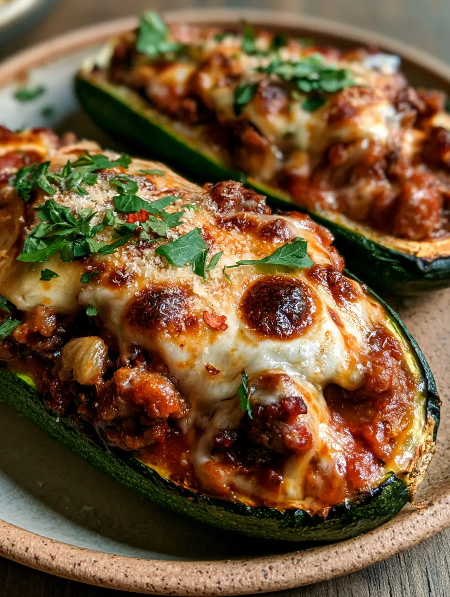 Italian Stuffed Zucchini with Savory Beef and Bubbly Mozzarella 3 Close-up of charred zucchini boats with chunky meat sauce and golden-brown melted mozzarella. (Italian stuffed zucchini)