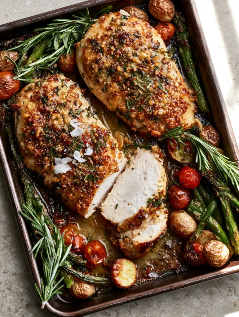 Herb-Crusted Chicken with Roasted Garlic Butter Vegetables 1 Close-up of juicy white chicken meat sliced open, revealing a steaming interior next to blistered red cherry tomatoes.