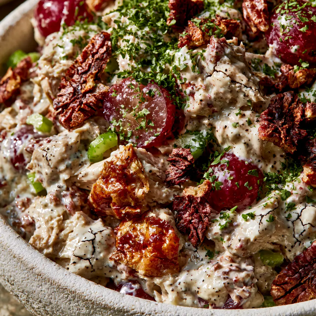 Million Dollar Chicken Salad Recipe with Grapes and Toasted Pecans 2 Extreme close-up of million dollar chicken salad recipe showing thick creamy dressing, cracked black pepper, and golden roasted chicken skin.