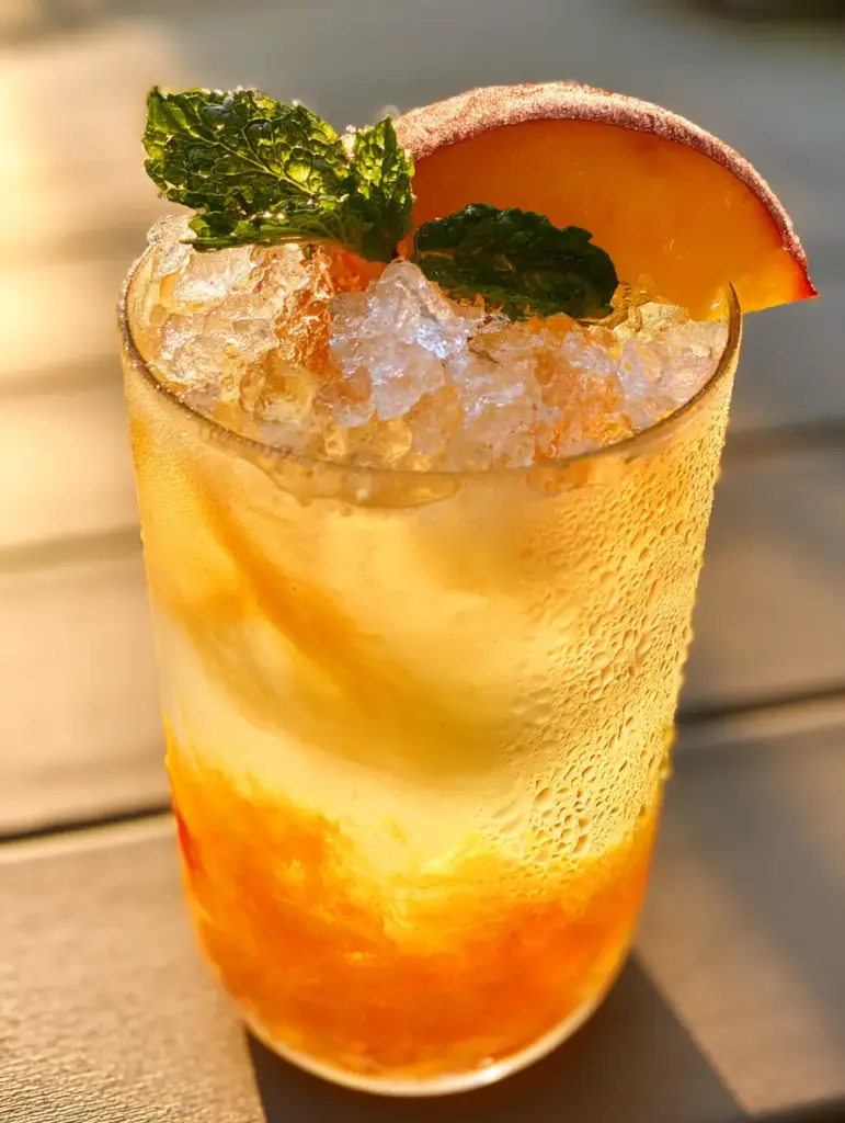Peach Lemonade: The Ultimate Fresh Fruit Summer Refresher 1 Extreme close up of a thick juicy peach wedge and bright green mint sprig garnishing a tall glass of peach lemonade.