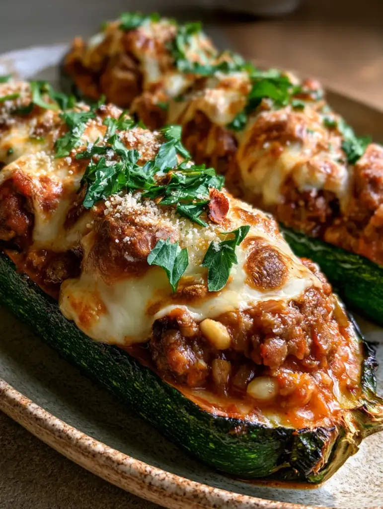 Italian Stuffed Zucchini with Savory Beef and Bubbly Mozzarella 1 Three Italian stuffed zucchini boats on a ceramic plate in soft morning light showing parsley garnish.