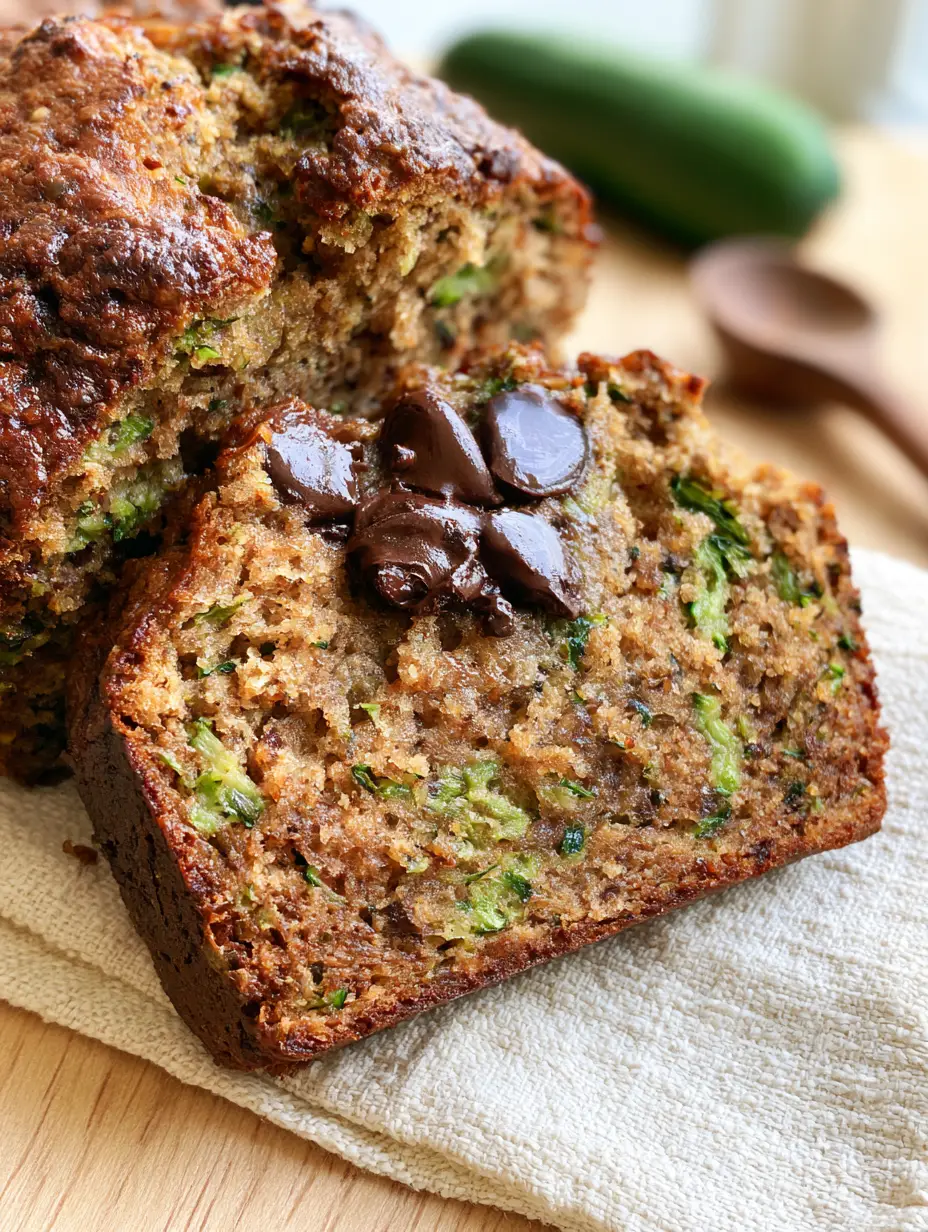 Smartphone photo of a slice of Zucchini bread showing a glistening light-brown crumb and green zucchini flecks.