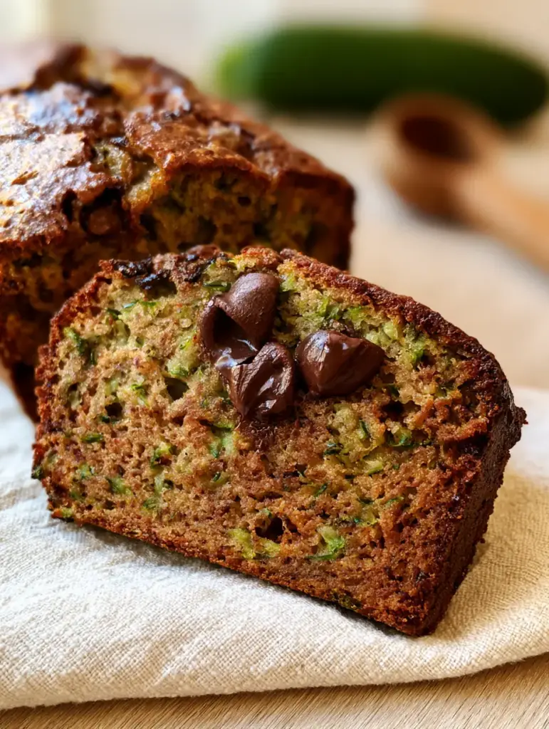 A rustic loaf of Zucchini bread with a craggy caramelized crust and large melted dark chocolate chips.