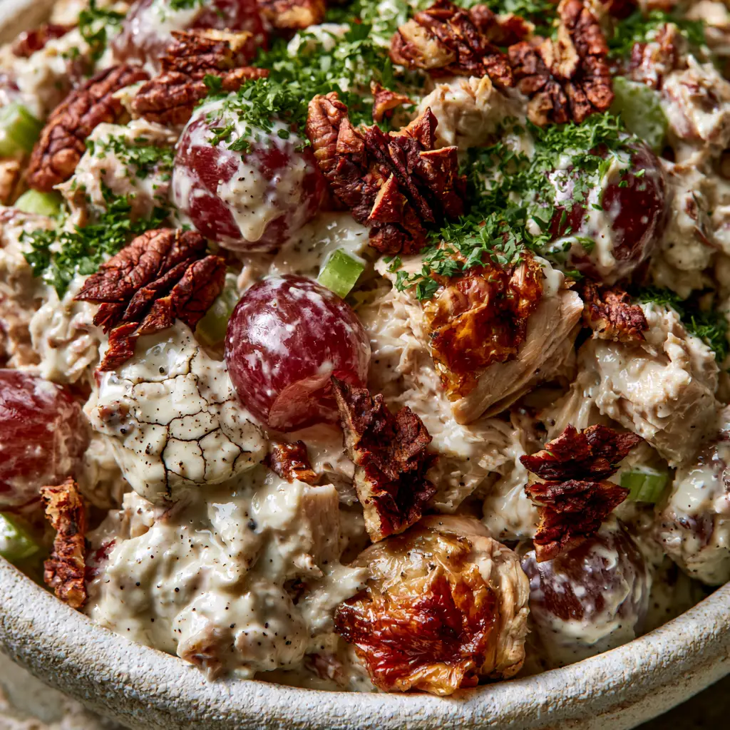 Million Dollar Chicken Salad Recipe with Grapes and Toasted Pecans 1 High-angle view of million dollar chicken salad recipe with ruby-red grapes and jagged pecan halves in a rustic ceramic bowl.