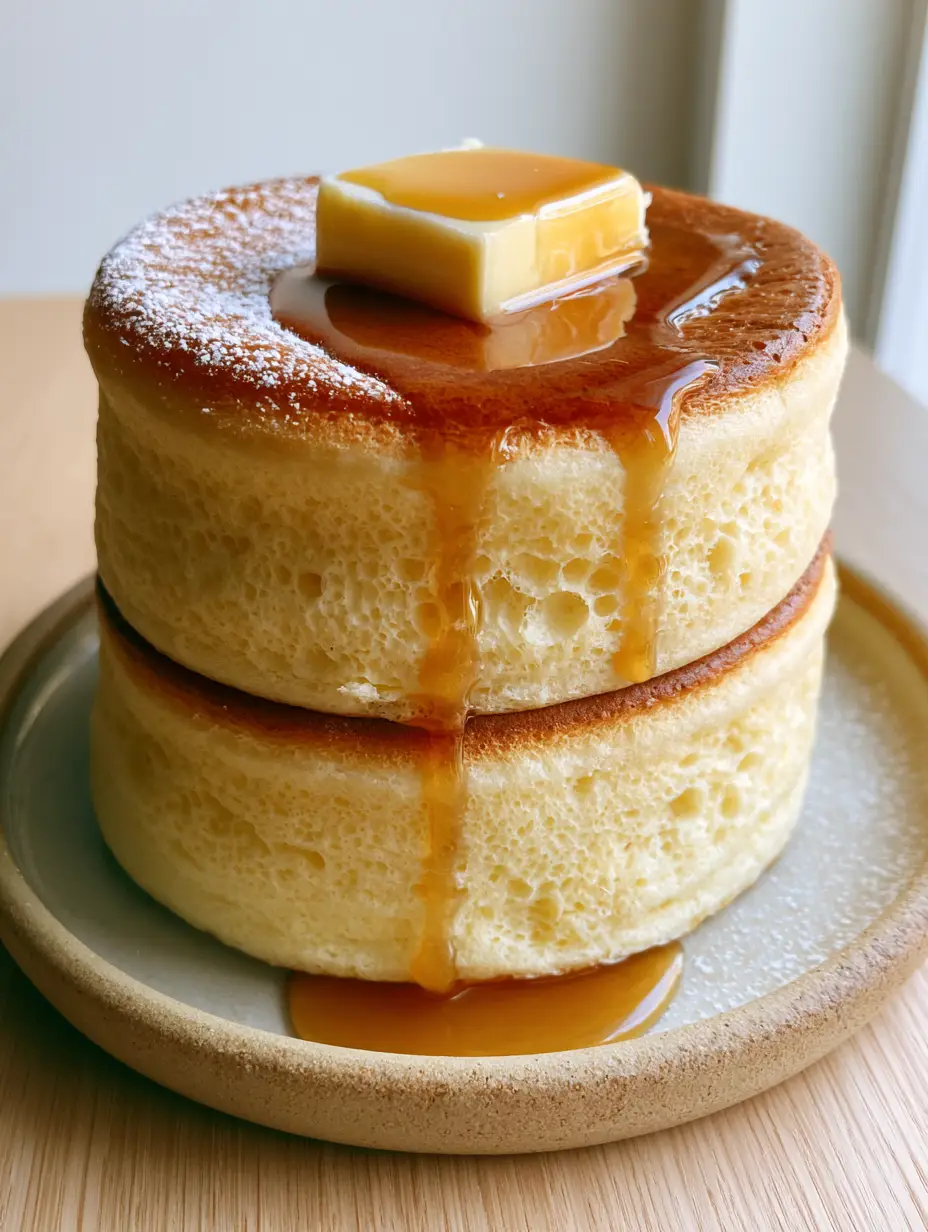 Japanese Pancakes: The Ultimate Ultra-Fluffy Souffle Pancake Recipe 3 Extreme close-up side view of Japanese pancakes showing the visible honeycomb sponge texture and pale creamy sides. (Japanese pancakes)