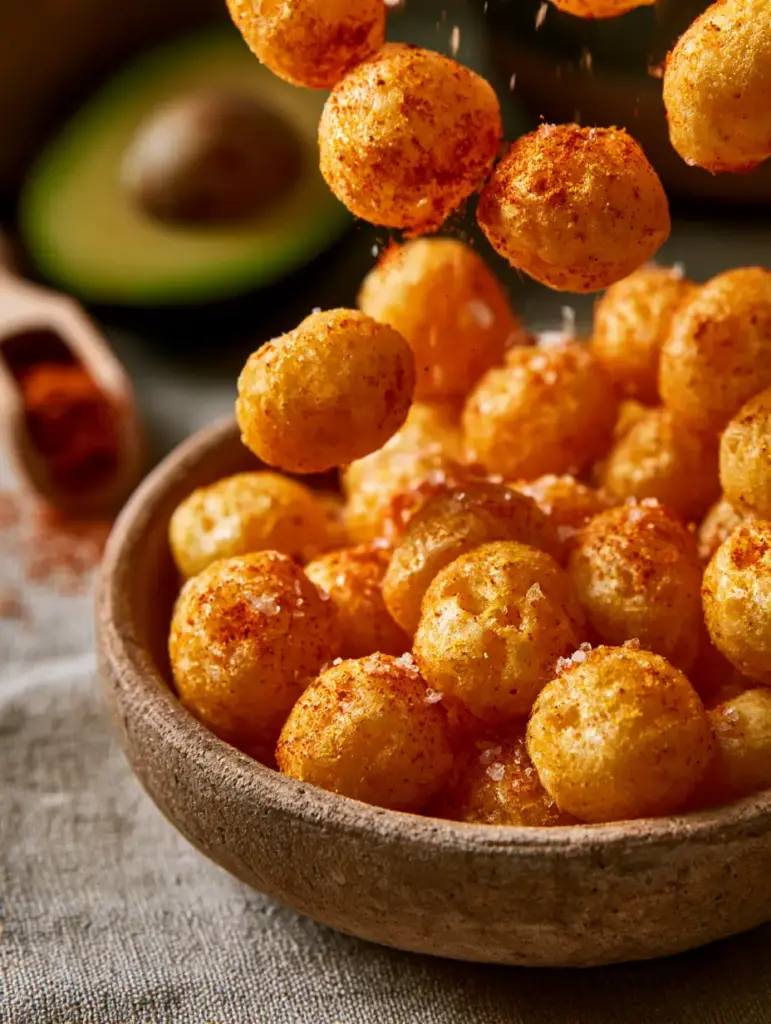 LesserEvil Space Balls: The Ultimate Organic Smoked Paprika Corn Puff Recipe 2 Dynamic close-up of golden LesserEvil Space Balls with a vibrant dusting of organic paprika and sea salt crystals.