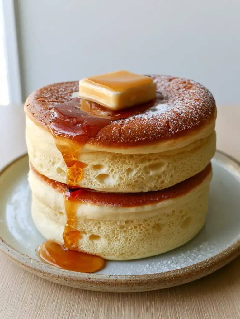 Japanese Pancakes: The Ultimate Ultra-Fluffy Souffle Pancake Recipe 1 A perfectly level golden-brown seared top of a Japanese pancake with a dusting of fine powdered sugar.