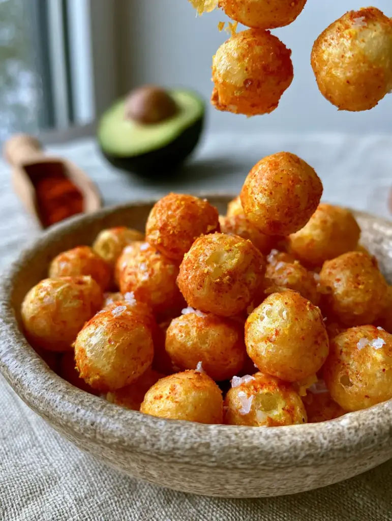 LesserEvil Space Balls: The Ultimate Organic Smoked Paprika Corn Puff Recipe 1 Organic corn puffs falling into a bowl, highlighting the airy porous interior texture and smoked paprika coating of LesserEvil Space Balls.