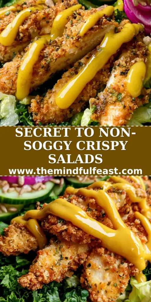 Crispy Chicken Crunch Salad with Air-Fried Panko and Honey Mustard 4 A high-protein crispy chicken crunch salad featuring golden panko-crusted chicken, purple radishes, and honey mustard dressing in a white bowl. (crispy chicken crunch salad)