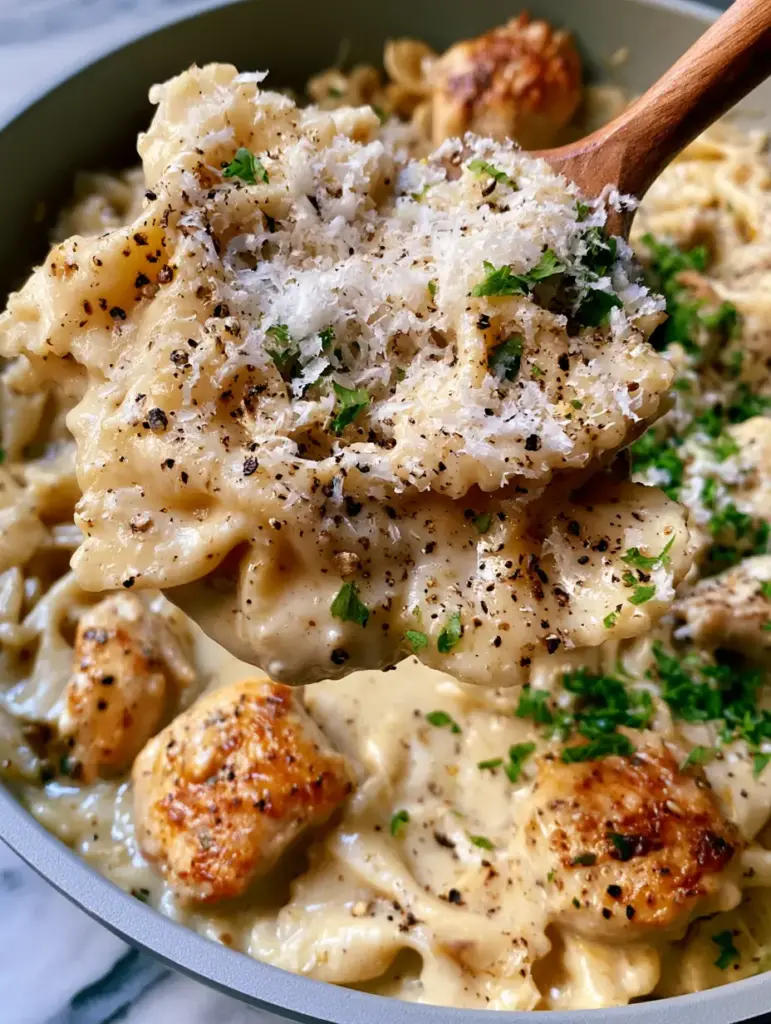 Bow tie pasta with Creamy Garlic Butter Chicken and Glossy Parmesan Sauce 2 A wooden spoon lifting a serving of Bow tie pasta coated in thick ivory garlic cream sauce from a matte-grey pan.