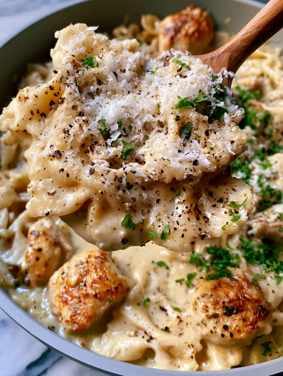 Bow tie pasta with Creamy Garlic Butter Chicken and Glossy Parmesan Sauce 3 A wooden spoon lifting a serving of Bow tie pasta coated in thick ivory garlic cream sauce from a matte-grey pan.