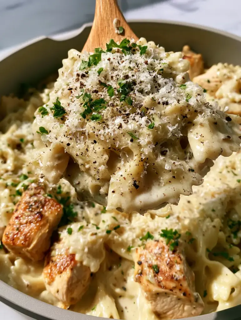 Bow tie pasta with Creamy Garlic Butter Chicken and Glossy Parmesan Sauce 1 Overhead view of Bow tie pasta with pan-seared golden chicken, snowy parmesan, and cracked black pepper.