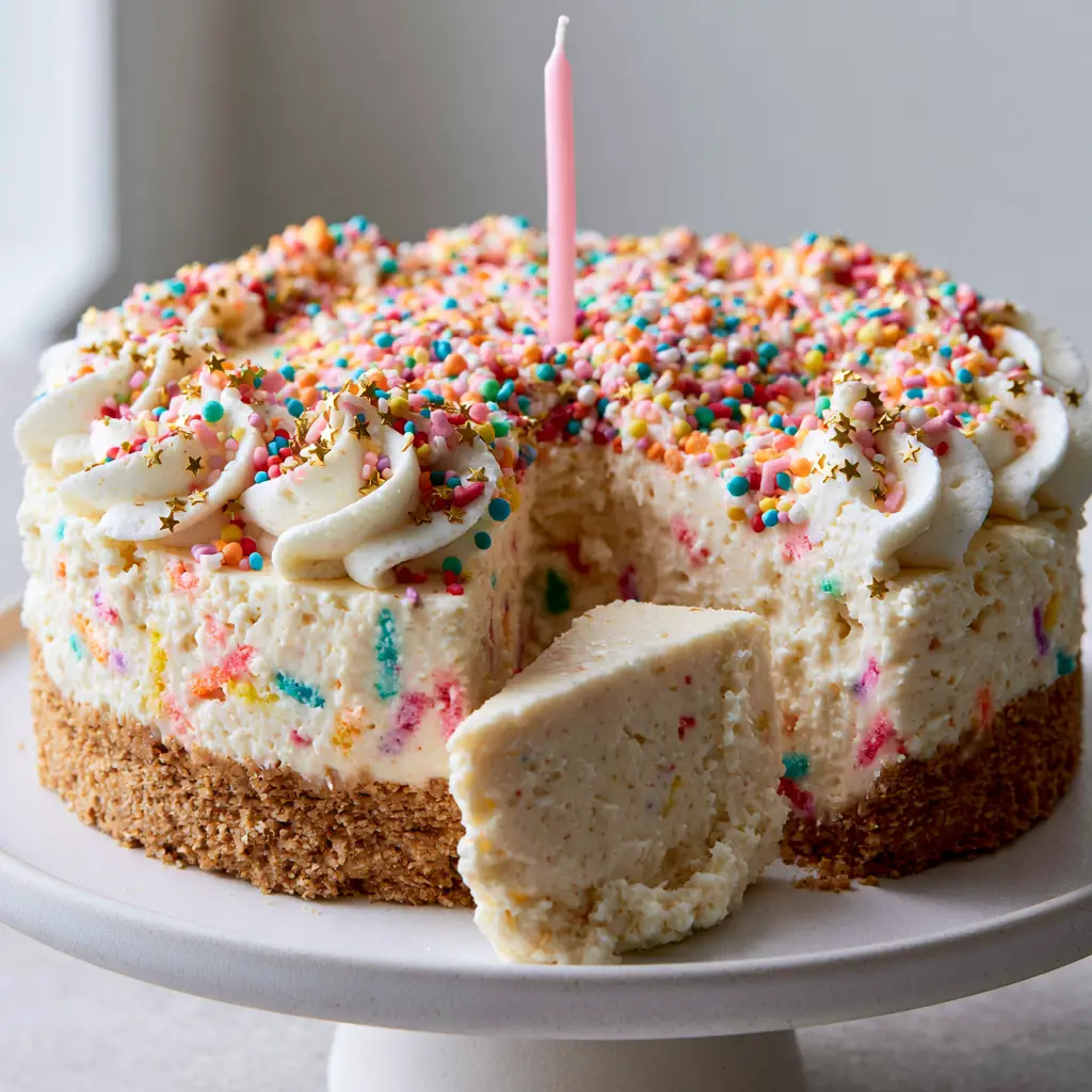 Birthday Cheesecake: The Ultimate No-Bake Funfetti Celebration Dessert 2 Close-up of a sliced Birthday Cheesecake revealing a pale ivory interior with colorful sprinkles.