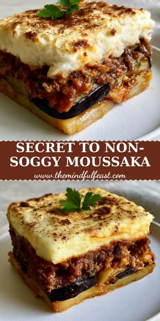 A square slice of Greek moussaka with thick layers of potato, eggplant, lamb, and a 2-inch bechamel topping on a white plate. (Greek moussaka recipe)