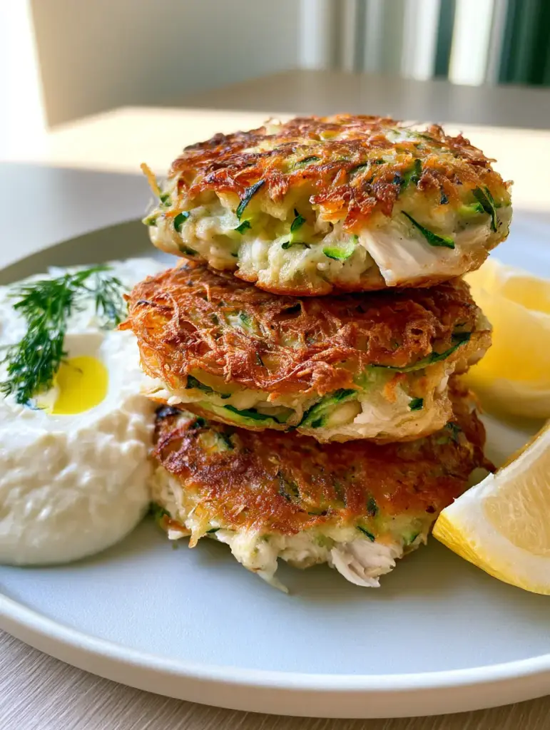 Chicken Zucchini Fritters with Creamy Lemon Garlic Greek Yogurt Dip 2 Macro shot of chicken zucchini fritters showing vibrant green zucchini shreds and tender chicken flakes. (chicken zucchini fritters)