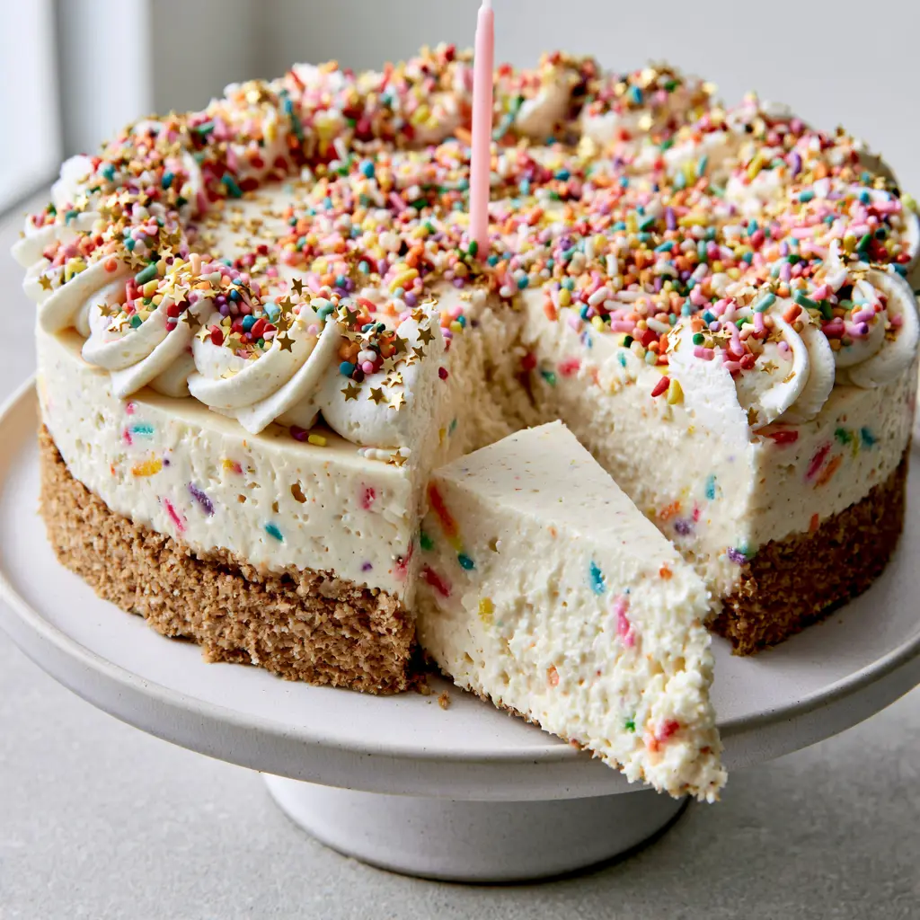 Birthday Cheesecake: The Ultimate No-Bake Funfetti Celebration Dessert 1 Top view of a Birthday Cheesecake with piped whipped cream dollops and gold star confetti.