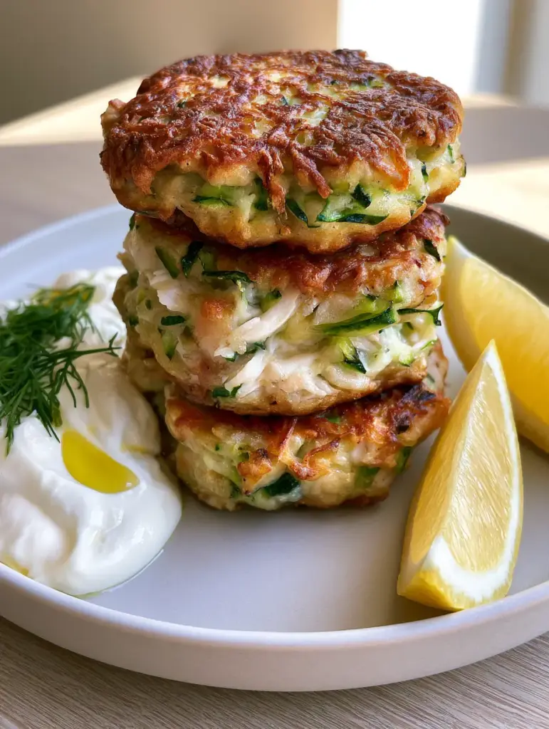 Chicken Zucchini Fritters with Creamy Lemon Garlic Greek Yogurt Dip 1 Eye-level view of a stack of golden brown chicken zucchini fritters on a modern white plate with lemon and dill. (chicken zucchini fritters)