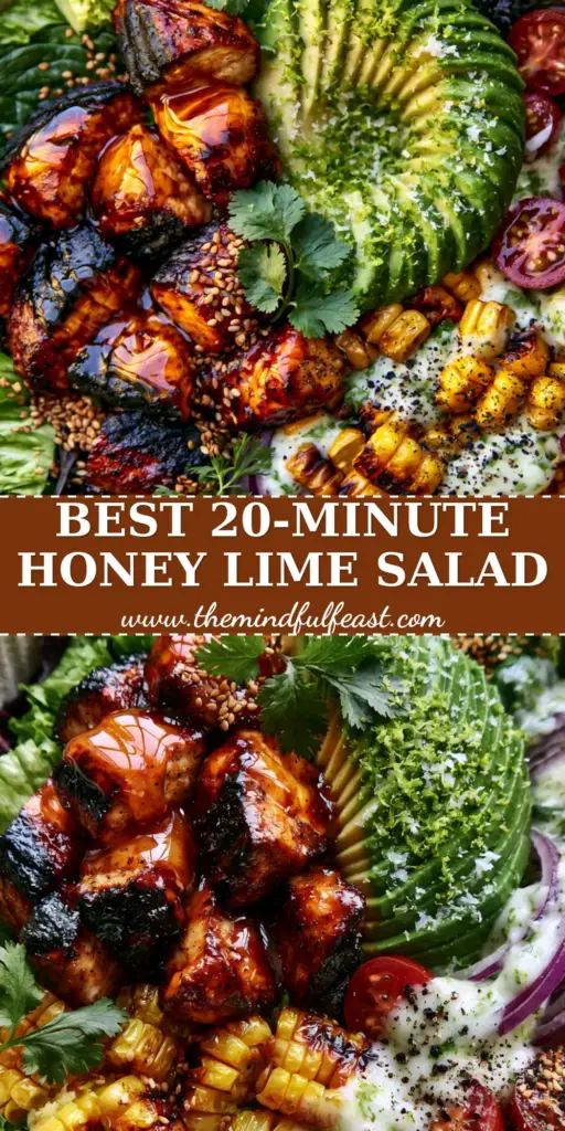 Honey Lime Chicken Avocado Salad Bowl with Charred Sweet Corn 4 A top-down view of a Honey Lime Chicken Avocado Salad Bowl featuring glazed chicken, fanned avocado, and charred corn in a cream stoneware bowl.