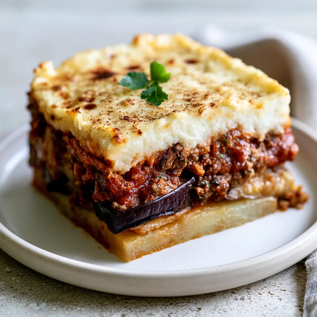 Close up of the golden-brown toasted parmesan crust and nutmeg dusting on a Greek moussaka recipe.