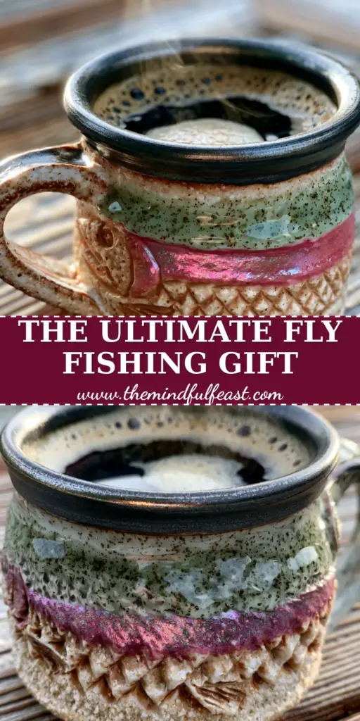 The Rainbow Trout Mug: A Masterpiece for Your Morning Coffee Ritual 4 A close-up of a rainbow trout mug with hand-carved scales and a fuchsia stripe sitting on a cedar table with coffee.